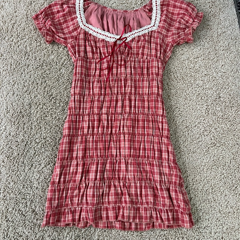 Y2K Red White Pink Plaid Lace Trim Ruched Mini Dress Coquette Cottagecore Praire